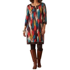Womens 1XLT Tunic Dress Multicolor Abstract Ikat Print Notch Neck Stretch